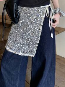 DAZY 女士亮片网纱系带裹身休闲迷你裙 - 白色 - 查看 1