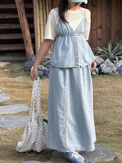 Dazy Kids Tween Girls Denim Cami Top & Skirt Snug Fit Long Dress Denim Set