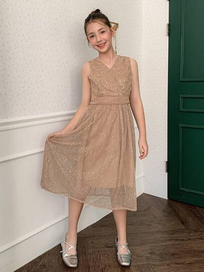 DAZY Tween Girls Solid Color Crossover Wrap Sleeveless Elegant Pleated V-Neck Summer Dress