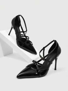 CUCCOO SZL 女士性感交叉绑带细高跟派对鞋，春夏款 - 黑色 - 查看 2