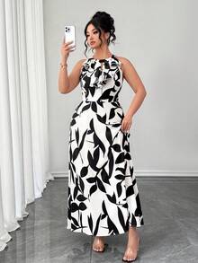 SHEIN Elenzya Plus Size Women's Elegant Black And White Leaf Print Halter Long Dress - Multicolor - View 3