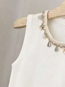 INAWLY Women's Sequin Trim Round Neck Casual Sleeveless Knit Top - White - View 4