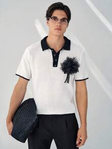 Manfinity Homme 男士夏季休闲时尚派对3D花卉装饰撞色包边Polo领短袖针织上衣 男士针织衬衫 学院风图案Polo衫 男士Polo衫 男士服装 男士Polo衫 针织Polo衫 - 白色 - 查看 5