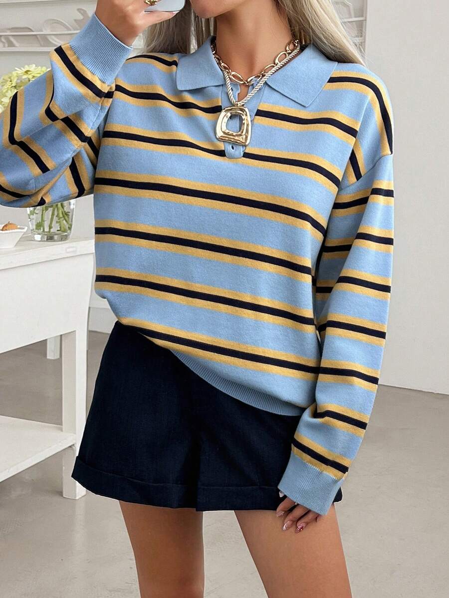 Livesso Suéter de cuello alto a rayas de estilo retro para mujer en otoño - Amarillo - Ver 1