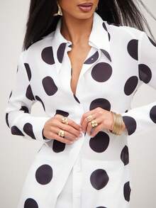 NYA SZN White With Black Polka Dots,Autumn,Chic,Office Long Sleeve Button Collar Blouse,Office Siren Wedding Guest Teacher Back To School Modest Church - Black and White - View 6