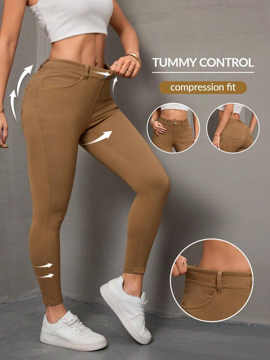 Flexra 女士休闲商务修身梭织牛仔裤 - 卡其色 - 查看 1