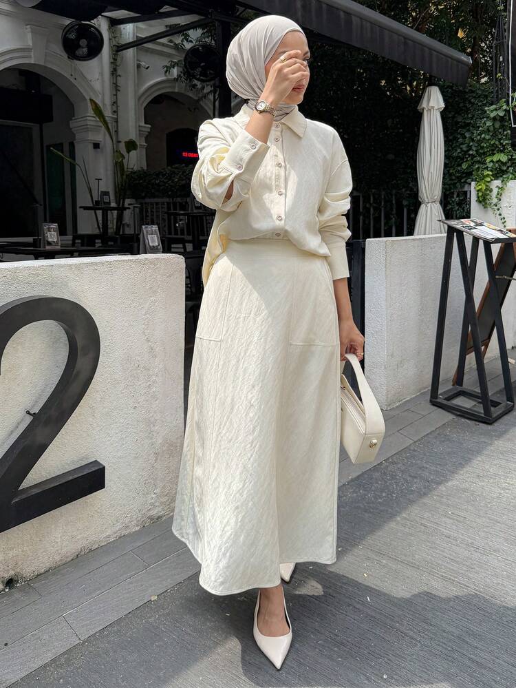 Women's Casual Solid Color Shirt And Skirt 2 Pieces Set, Spring/Summer