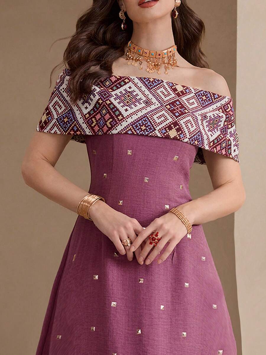 Al Najma Elegant Contrast Color Patchwork Embroidery Foil Printing Dress - Multicolor - View 1