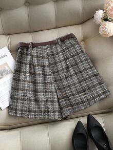 Franclia 大码女式格子休闲短裤，带口袋和腰带，百搭优雅，适合通勤、约会、毕业季、秋冬季穿着。超短腰带裙短裤，法兰绒格子短裤，格子裙，女式优雅短裤。 - 彩色 - 查看 2