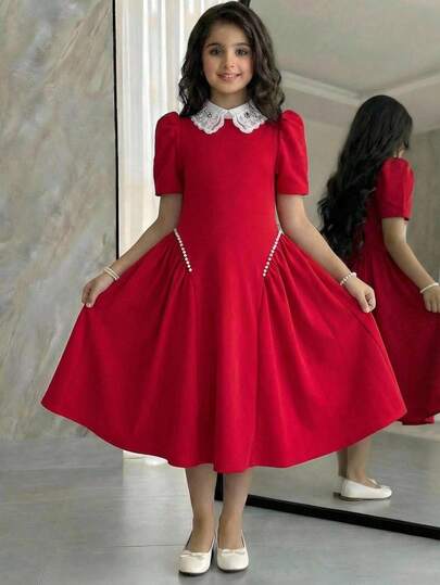 Tween Girl Elegant Pearl Embellished Square Neck Patchwork Hem Pearl Beaded Short Sleeve Dress, Red