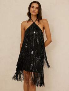 Aveloria Rosie 新款时尚亮片流苏系领迷你连衣裙，闪亮迷人，甜美又性感，适合街头、音乐节等场合。 - 黑色 - 查看 5
