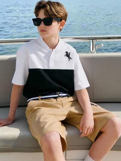 2pcs/Set Teen Boy Gentleman Outfit, Contrast Color Collar Polo Shirt + Khaki Shorts, Gentleman Suit, Business Elegant, School, Birthday Party, Casual, Minimalist Style Summer Sets For Boy Big Boys Outfit Sets Boys Short Set