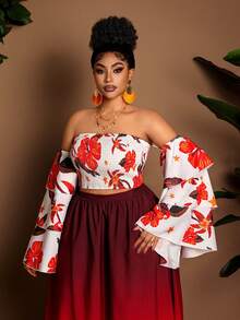 Maweii Plus Size Women's Elegant Floral Print Off-Shoulder Design With Ruffle Sleeves, Versatile Casual Blouse Suitable For Party, Date Night, Valentine's Day, Vacation - Multicolor - View 6