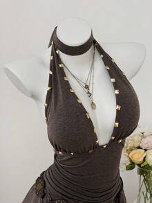 Sweetra Plus Size Women's Spaghetti Strap Rivet Ruffle Hem Waist Fitted Backless Mini Dress, Sleeveless Summer - Brown - View 3