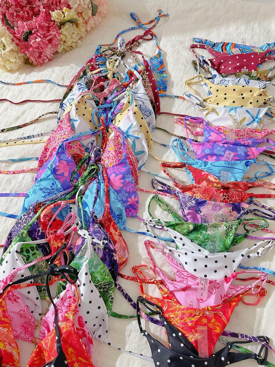 Swim Vcay Bộ bikini dây mảnh đính kim loại màu xanh gợi cảm dành cho nữ mùa xuân, họa tiết ngẫu nhiên, trang phục đi biển mùa hè - Nhiều màu - Xem 1