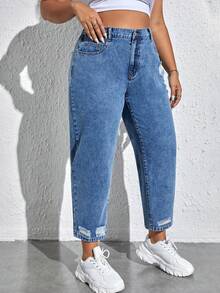SHEIN EZwear Plus Size Women's Pocket Distressed Straight Leg Casual Versatile Jeans - Light Wash - View 5