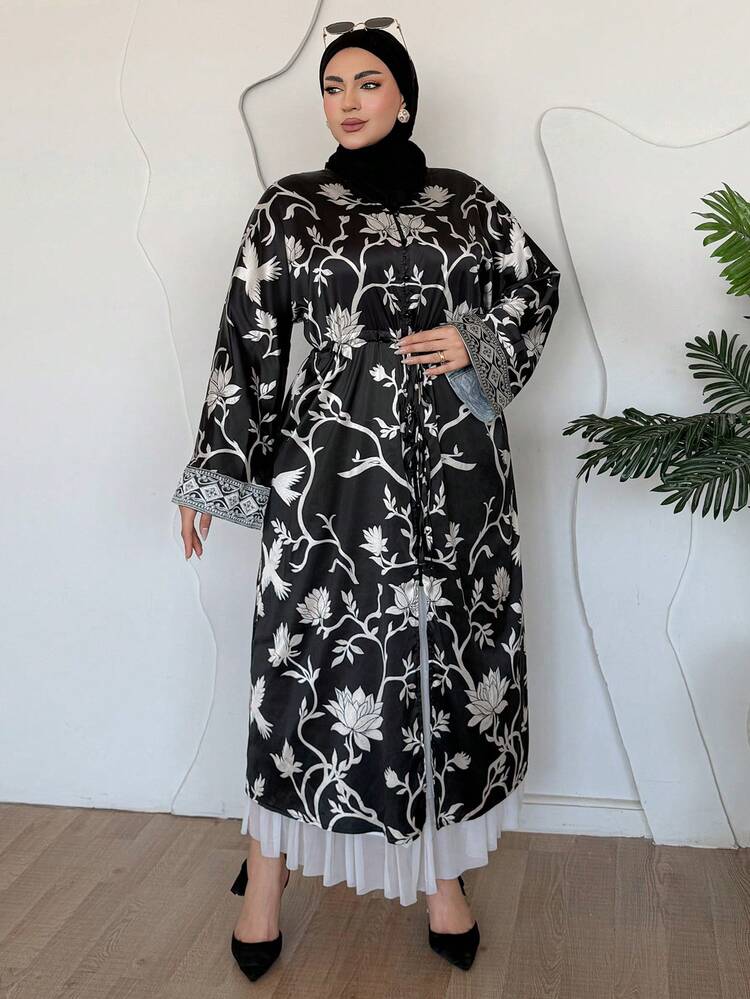 Dazy Plus Plus Size Floral & Bird Print Pattern V-Neck Flare Sleeve Drawstring Waist Elegant Maxi Dress, Sundress