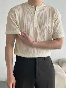 DAZY 男士纹理面料半开襟圆领短袖T恤，夏季款 - 白色 - 查看 4