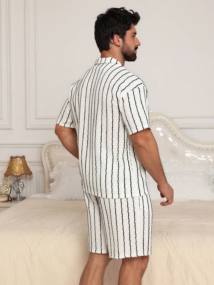 Men's Short Sleeve Shirt And Shorts Pajama Set, Summer