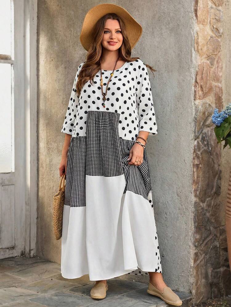 Plus Size Women's Summer Casual Vacation Country Round Neck 3/4 Sleeve Polka Dot, Plaid & Striped Patchwork Dress, Summer/Spring, Plus Size Polka Dot Dress,Summer\Vacation,Summer Holiday,Spring Break Outfits ,Vacation Outfits Women ,Holiday Outfits For Women,Going Out Outfits,2026 New Clothes,Simple And Fashionable For Everyday Wear,Suitable For Summer, Vacation, Daily Wear,Suitable For Summer, Vacation, Daily Wear,Dresses For Women,Flowy Dress ,Beach Outfits For Women,Casual Vacation Boho Dress, Long Summer Dress Plus Size, Vacation Plus Size Women Dresses,