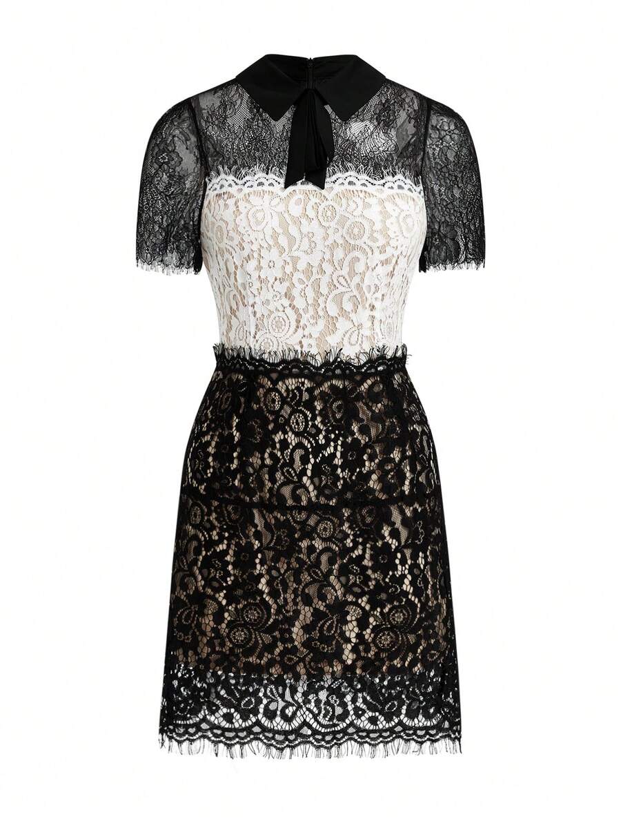 ZEYLAH WOMEN'S BLACK & WHITE WAIST CINCHED CROP SHORT SLEEVE MINI DRESS - Black and White - View 1