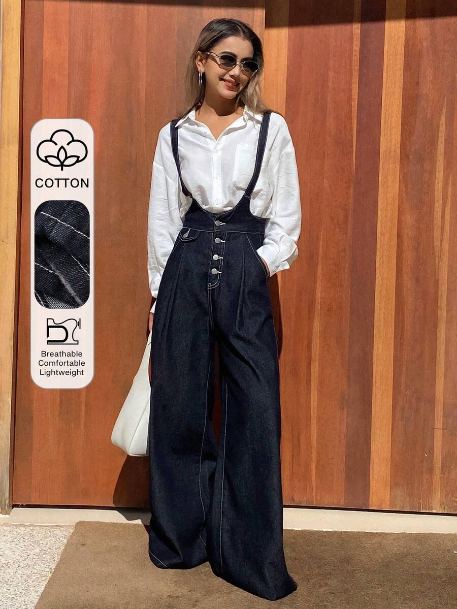 DAZY 女士束腰优雅宽松直筒牛仔背带裤和连体裤 - 深色水洗藍 - 查看 1