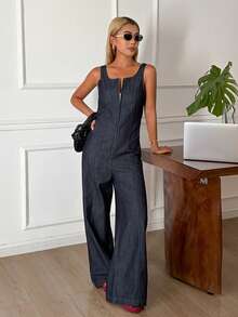 DAZY Women's Casual Denim Bib Overalls With Deep U-Neck Sleeveless Design - Dark Wash - View 5