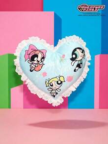 THE POWERPUFF GIRLS X Joivida 1 Heart-Shaped Throw Pillow With A Digitally Printed Heart Pattern, Made Of Velvet Fabric, Trimmed With Lace And Filled With Stuffing - Blue - View 1