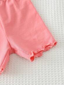 Cozy Pixies 儿童女童夏季粉色碎花短袖套装，柔软针织植物印花圆领T恤搭配纯色弹力腰骑行短裤两件套 - 彩色 - 查看 5