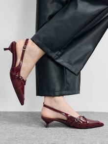 CUCCOO BIZCHIC Tacones altos de charol burdeos con correas cruzadas decorativas, versátiles para uso diario y el trayecto al trabajo - Burdeos - Ver 3