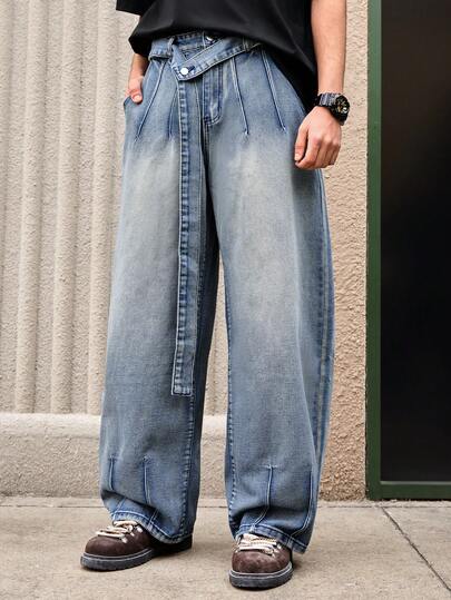 Open Phase 复古拼接嘻哈街头风阔腿牛仔裤，男士休闲宽松版型，配有腰带，四季皆宜，适合夏季度假穿着，复古美式风格，男女皆宜，宽松版型夏季服装——适合日常穿着和夏季度假穿着。