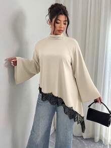 Elenzga 大码女式黑色长袖不对称下摆衬衫，饰有白色蕾丝边，适合休闲、办公、优雅婚礼、新年、圣诞节和万圣节等场合穿着。 - 杏色 - 查看 5