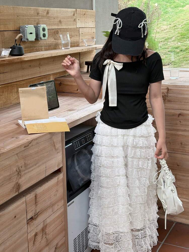 Tween Girls' Casual Bow Decor Short Sleeve T-Shirt, Summer