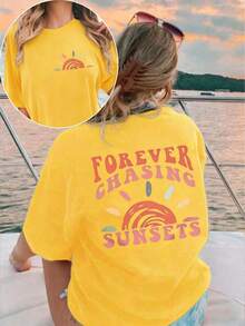 EMERY ROSE Large Short-Sleeved T-Shirt For Women Plus Printed With Slogan Pattern, Suitable For Summer FOREVER CHASING SUNSETS Graphic Tees Women Tops - Yellow - View 1