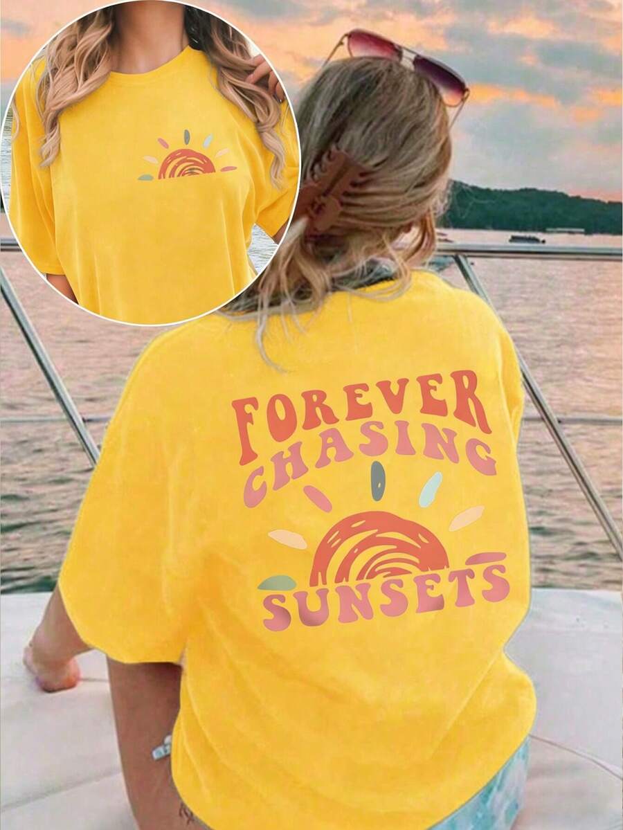 EMERY ROSE Large Short-Sleeved T-Shirt For Women Plus Printed With Slogan Pattern, Suitable For Summer FOREVER CHASING SUNSETS Graphic Tees Women Tops - Yellow - View 1