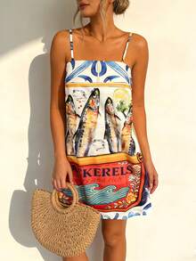 Vaclyn Đầm hai dây ngắn nữ in chữ và hình cá, thích hợp cho kỳ nghỉ, hẹn hò, đi chơi. - Nhiều màu - Xem 6