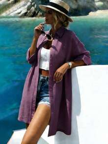 Vaclyn Women's Loose Fit Floral Print Front Button Long Midi Dress, Summer - Purple - View 7