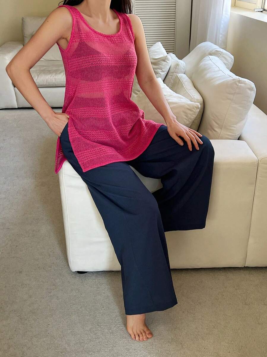 DAZY Women's Sheer Pink Camisole And Blue Wide Leg Pajama Set - Red - View 1