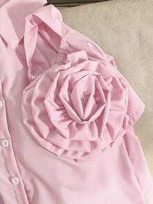 SHEIN 少女纯色3D立体花卉装饰露肩单排扣衬衫 - 粉色 - 查看 5