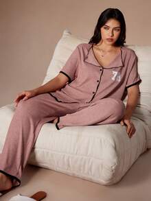 Lazeform Plus Size Casual Knit Pajama 2 Pieces Set,Embroidered Number Design Open Front Short Sleeve Pants Curve Lounge Wear,Dusty Rose,Summer,Family Matching - Watermelon Pink - View 3