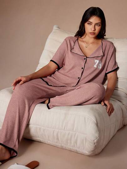 SHEIN Plus Size Casual Knit Set, Embroidered Number Design Open Front Short Sleeve Pants Pajama 2 Pieces Set Curve Pajamas Set Comfy Pajamas Set Lounge Wear Set