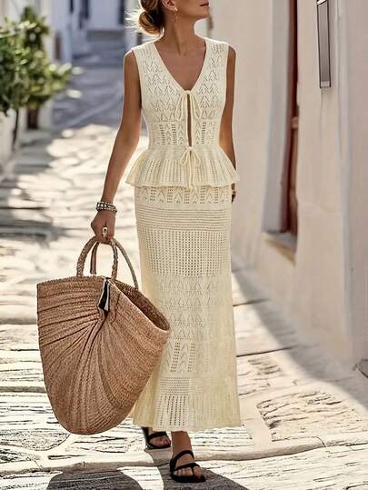 Breezaya New Spring/Summer European & American Style Beige Minimalist Cinched Waist Soft & Elegant Knit Top And Hollow Design Skirt Two Pieces Set, Versatile For Commuting, Business Meetings, Luxury Evening Events