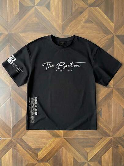 StoneGrade 大码男士夏季休闲标语印花落肩宽松短袖T恤T恤男士T恤男式简约