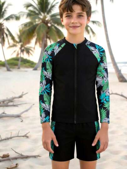 2pcs/Set Tween Boys Swimwear, Tropical Print Knit Fabric Long Sleeve Zip-Up Trunks Swimsuit, Suitable For Swimming, Vacation, Summer Beach, Pool Party Boys Rash Guard Set Tropical Boy Outfit Swimsuit Long Sleeve And Shorts With Zipper Set For Youth Tween Boy Swim Sets