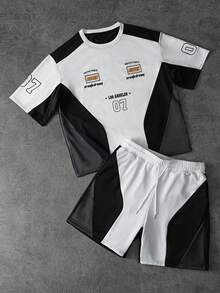 PAVTROS Bộ áo thun và quần short nam phối màu thường ngày, phong cách mùa hè, Y2K, lễ hội, retro, đường phố, năm mới, màu đen, trắng và xám. Áo thun cổ tròn phối màu sọc, phối màu theo kiểu patchwork, thích hợp cho mùa xuân đến hè, Y2K, thời trang đường phố, lễ hội, kỳ nghỉ, quà tặng cho bạn trai, tiệc tùng, tập luyện, phong cách cổ điển, đi chơi, vintage. - Đen và trắng - Xem 3