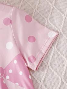 女童简约西瓜粉色印花蝴蝶结波点英文字母圆领短袖睡袍家居服 - 粉色 - 查看 4
