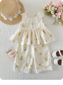 SHEIN Conjunto informal de 2 piezas para niña bebé con top con volantes y estampado floral y pantalones, para verano - Amarillo - Ver 4