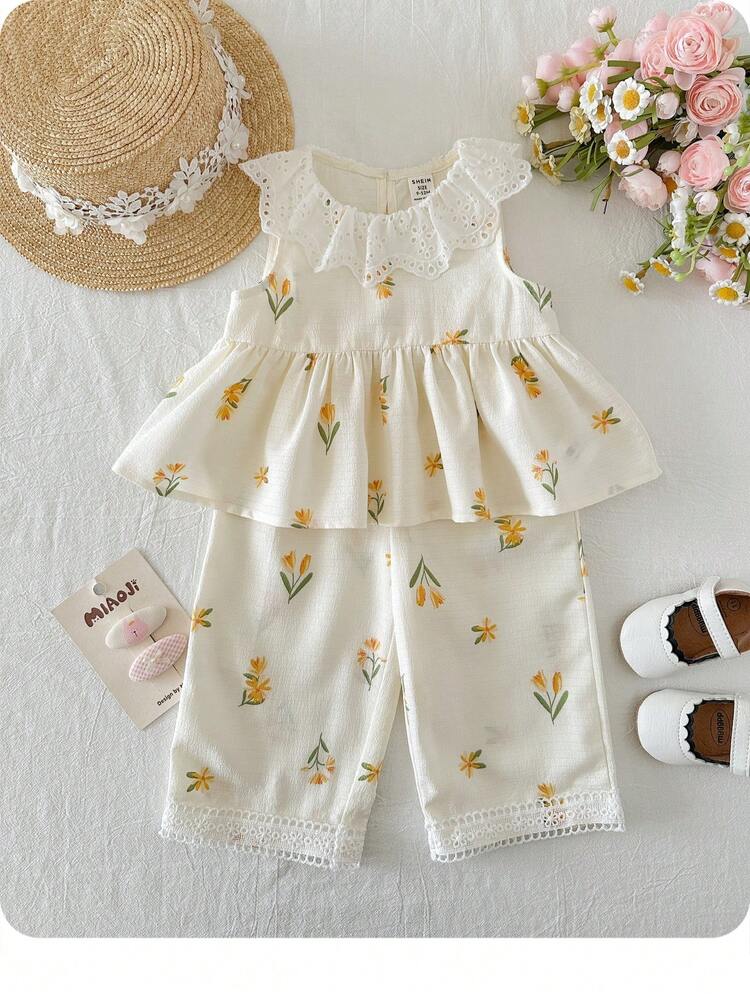 SHEIN Conjunto informal de 2 piezas para niña bebé con top con volantes y estampado floral y pantalones, para verano - Amarillo - Añade 4