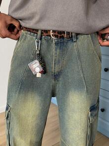 STEELVANCE Quần jeans cargo ống đứng rộng rãi, kiểu dáng vintage, nhiều túi, thời trang đường phố. - Màu xanh bụi bặm - Xem 5