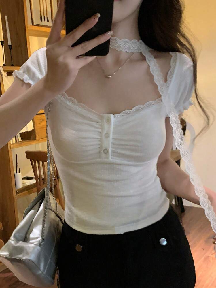 Women's Summer Square Neck Short Sleeve Lace Patchwork Slim Fit Casual Pullover T-Shirt